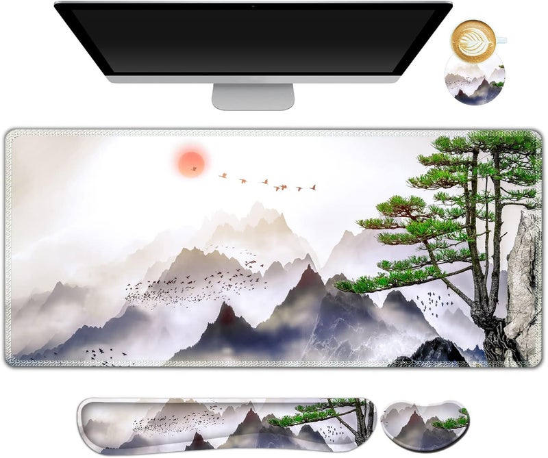 AIMSA Large Gaming Mouse Pad Set, Keyboard Wrist Rest Support + Extended Mouse Pad + Mouse Wrist Cushion + Coaster, Ergonomic Memory Foam Desk Mat 35x15.7in Anti-Slip Base (Pine Tree Mountains) - Image 1